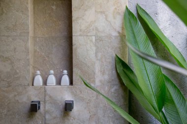 Mermer duvarlı ve yeşil yapraklı modern minimalist banyo musluğu