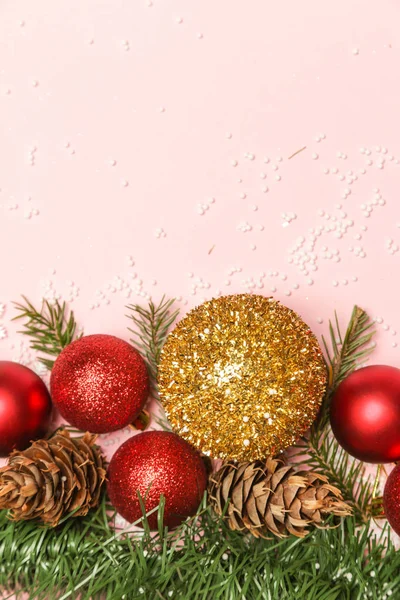 Christmas Ornaments Fir Twigs Arrangement Copy Space Pale Pink Background — Stockfoto