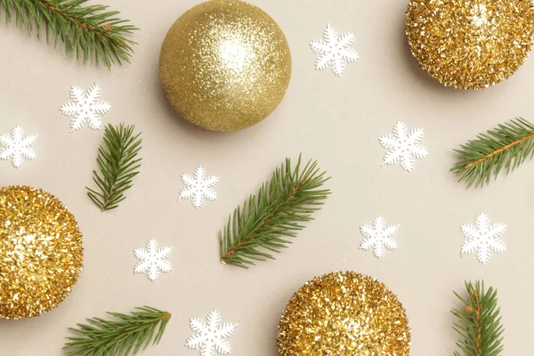 Golden Glittered Christmas Ornaments Snow Flakes Christmas Tree Twigs Neutral — Stock Photo, Image