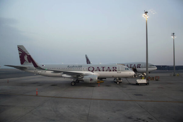Doha/Qatar - 05/10/2019 : Qatar passinger airplane on the Hamad International Airport 