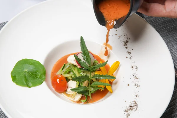 Sağlıklı Organik Domates Çorbası Modern Yaratıcı Restoran Yemeği Enfes Bir — Stok fotoğraf