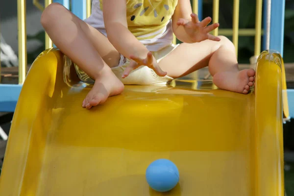 Active Toddler Girl Slide Child Playing Outdoor Playground Healthy Summer — Stock Photo, Image