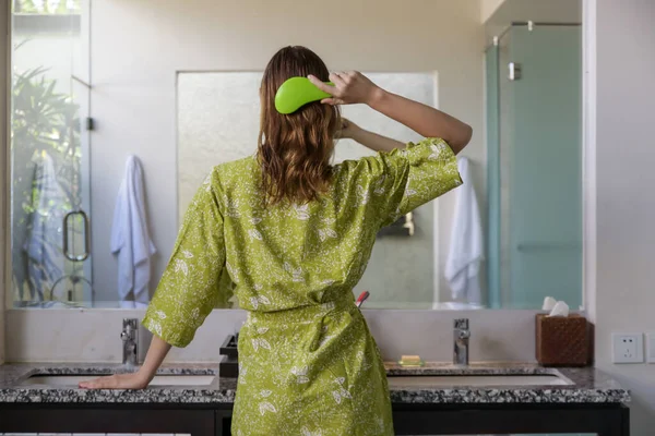 Hair Care Rare View Brunette Woman Combing Hair Plastic Detangling — Stock Photo, Image