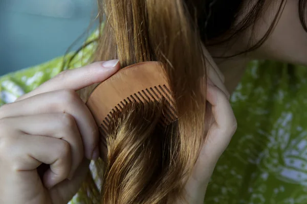 Hair Care Brunette Woman Combing Tangled Hair Wooden Comb — Stock Photo, Image