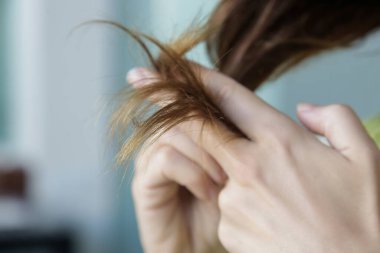 Kuru ve karışık saçlarına bakan bir kadın....