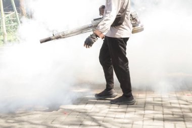 El bilgisayarı sivrisinek sisi. Sivrisinekleri avludan temizlemek isteyen bir adam. Sivrisinek kovucu sis operasyonu. Gaz bazlı tedavi, böceklere karşı..