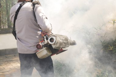 El bilgisayarı sivrisinek sisi. Sivrisinekleri avludan temizlemek isteyen bir adam. Sivrisinek kovucu sis operasyonu. Gaz bazlı tedavi, böceklere karşı..
