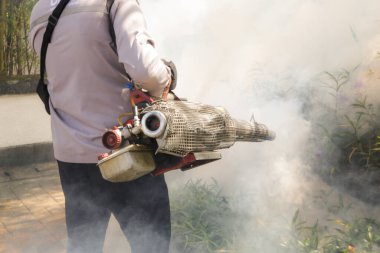 El bilgisayarı sivrisinek sisi. Sivrisinekleri avludan temizlemek isteyen bir adam. Sivrisinek kovucu sis operasyonu. Gaz bazlı tedavi, böceklere karşı..