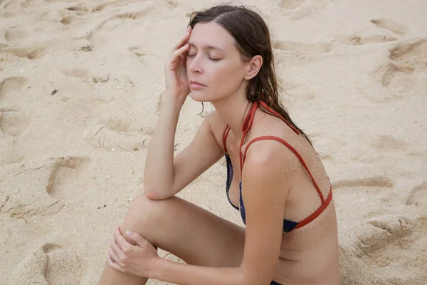 Portrait Brunette Caucasian Woman Blue Bikini Posing Sandy Beach Stock Picture