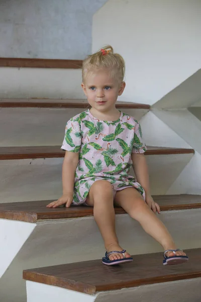 Adorable Happy Blonde Toddler Girl Sitting Wooden Stairs Home Summer — Stock Photo, Image