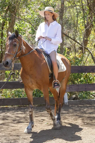 Piękna Młoda Kobieta Ujeżdżająca Konia Czas Letni Zajęcia Świeżym Powietrzu — Zdjęcie stockowe