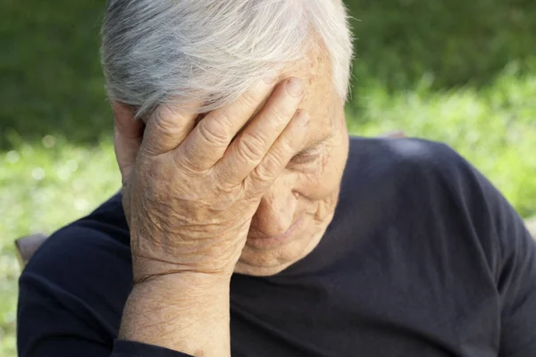 Senior Caucasian Woman Holds Her Hand Her Forehead Headache Depression — Stock Photo, Image