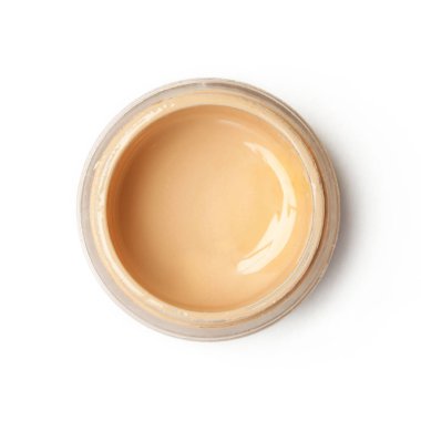 Beyaz arkaplanda izole edilmiş bir konteynırın sıvı temeli, üst görünüm