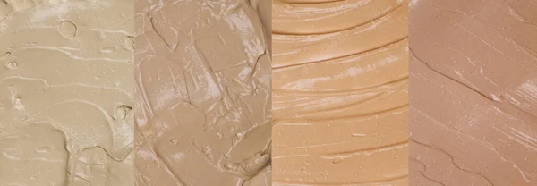 Different tones of liquid foundation. Make up color samples.