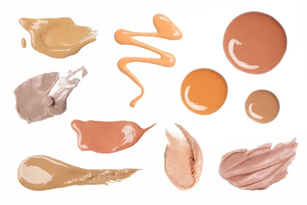 Uppsättning Flytande Foundation Prover Isolerade Vit Bakgrund Makeup Färg Fläckar — Stockfoto