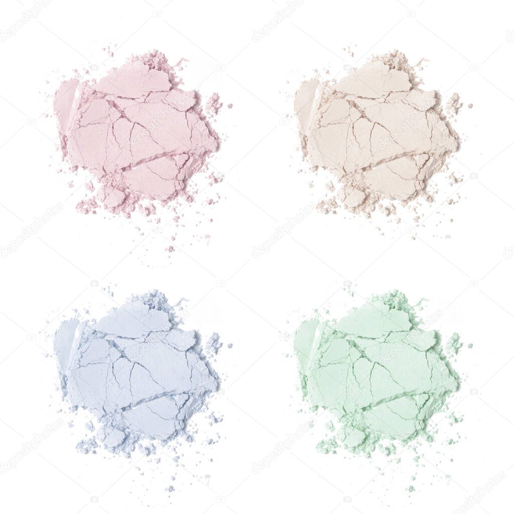 Cosmetic or make up powder samples isolated on white. 
