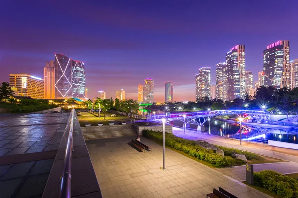 Seoul Stad Met Mooie Zonsondergang Central Park Songdo International Business — Stockfoto