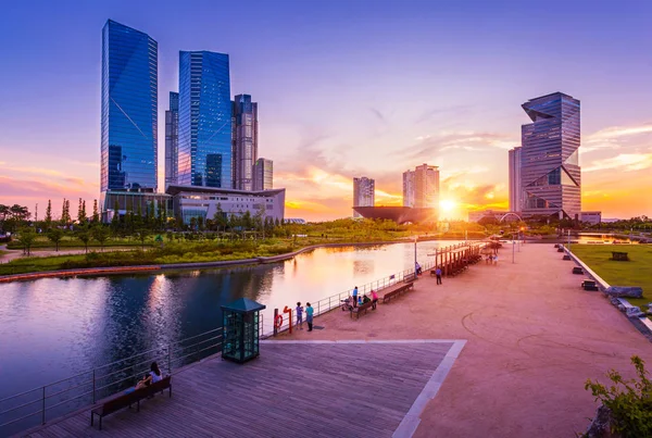 Сеул Місто Гарний Захід Сонця Центральний Парк Songdo Міжнародному Діловому — стокове фото