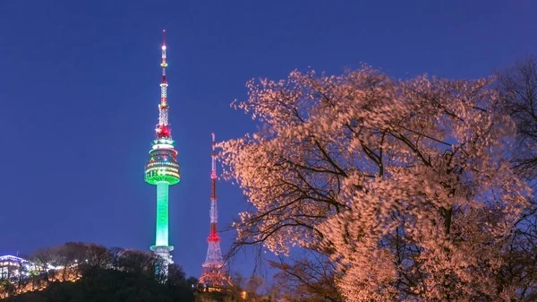 桜並木と春の光で 韓国の古い壁の夜景でソウル市のソウル タワー — ストック写真