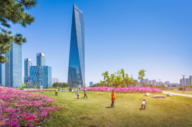 Incheon, Güney Kore - 05 Mayıs 2015: Güzel çiçekli Seul'de Yaz, Songdo International Business District'te Central park, Incheon South Korea.