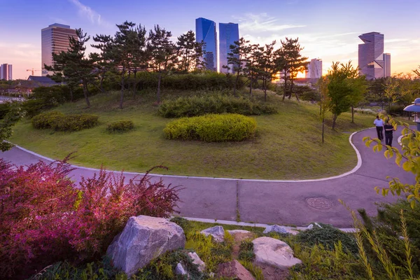 Ciudad de Seúl con Hermoso atardecer, Parque Central en Songdo — Foto de Stock