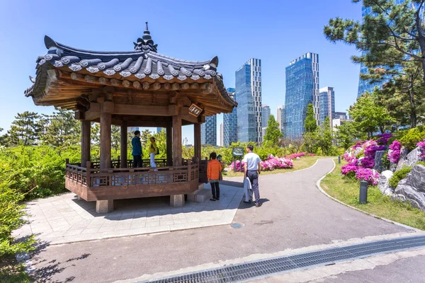 La gente es turista en verano de Corea en Central Park en el distrito de Songdo — Foto de Stock