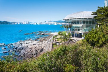 Busan, Güney Kore - 06 Eylül 2014: Busan Deniz Güneşi Günışığı Rahatlama Manzarası Yazın Busan, Kore.