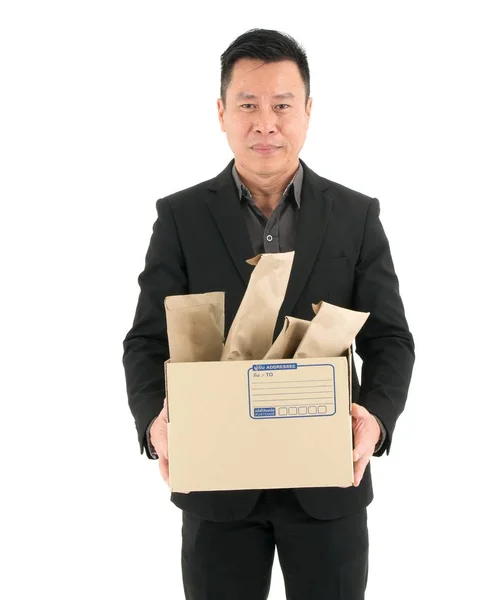 Üzletember-kézbesítési szolgáltatás, posta, logisztika és szállítás — Stock Fotó