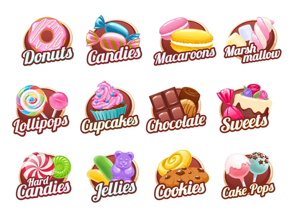 Candies and sweets colorful badges set. Royalty Free Stock Vectors