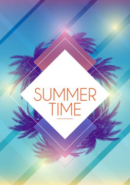 Yaz tropikal arka plan avuç içi, gökyüzü ve gün batımı ile ayarlayın. Yaz afiş poster el ilanı davetiye. Yaz Zamanı.