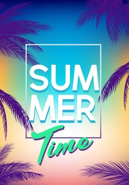 Yaz tropikal arka plan avuç içi, gökyüzü ve gün batımı ile ayarlayın. Yaz afiş poster el ilanı davetiye. Yaz Zamanı.