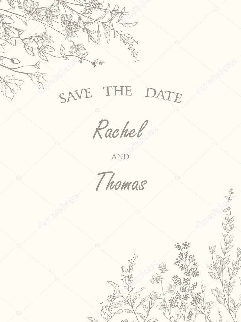 Save the date wedding invitation card template decorate with hand drawn wreath flower in vintage style. Vector illustration.