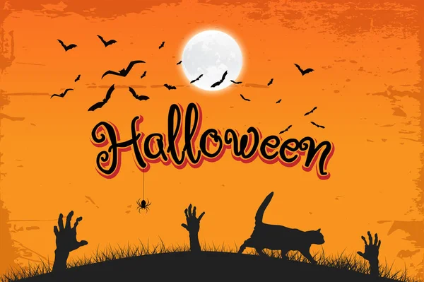 Halloween Venda Vetor Banner Com Letras Fundo Gravura Detalhada Abóbora — Vetor de Stock