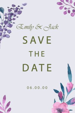 dikey şablon tasarımını kaydetmek menekşe çiçek elemanları ve altın metin ile dekore edilmiş tarihi bildirimi kartı