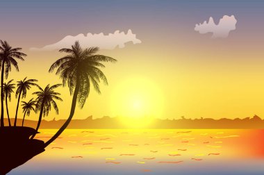 Tropic palmiye ağaçları günbatımı gökyüzü karşı satır. Uzun palmiye ağaçları silüeti. Tropic akşam manzara. Gradyan rengi. Vektör çizim. EPS 10
