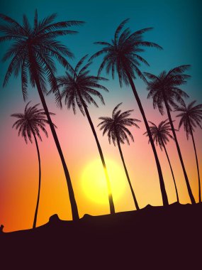 Tropic palmiye ağaçları günbatımı gökyüzü karşı satır. Uzun palmiye ağaçları silüeti. Tropic akşam manzara. Gradyan rengi. Vektör çizim. EPS 10