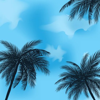 Tropic palmiye ağaçları günbatımı gökyüzü karşı satır. Uzun palmiye ağaçları silüeti. Tropic akşam manzara. Gradyan rengi. Vektör çizim. EPS 10