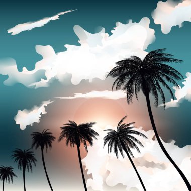 Yaz tropikal arka plan avuç içi, gökyüzü ve gün batımı. Yaz poster el ilanı davetiye. Yaz. vektör çizim. EPS 10