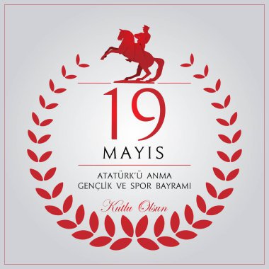 vektör çizim 19 Mayıs Ataturk'u Anma, Genclik ve Spor Bayramiz, Çeviri: 19 Mayıs Atatürk ü anma, gençlik ve Spor Bayramı, tatil, çocuk logosu için grafik tasarım.