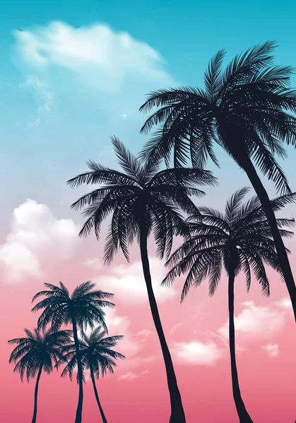 Yaz Günbatımı Palmiye Ağaçları Gökyüzündeki Büyüleyici Tropikal Egzotik Zekâ Bulutları — Stok Vektör