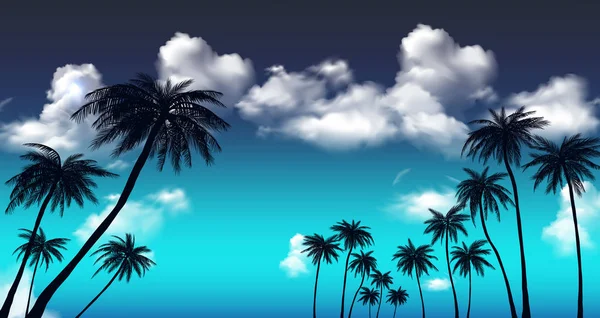 Zomer Zonsondergang Palmbomen Mooie Tropische Exotische Wit Wolken Lucht Vector — Stockvector