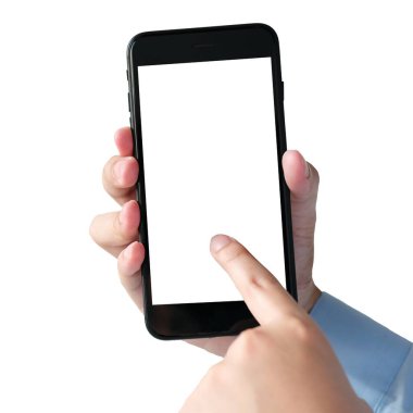 Telefon modeli, beyaz arka planda izole edilmiş boş ekran cep telefonuna dokunan insan eli, siyah modern akıllı telefon, şablon, iş teknolojisi iletişimi, ticaret, çevrimiçi eğitim, internetteki şeyler için dokunmatik ekranı kesiyor.