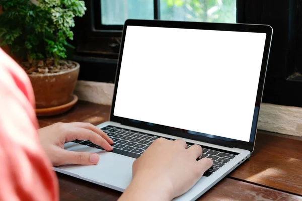 Laptop mockup, Man hands typing computer with blank screen for template background, Laptop with blank screen backdrop for business, e commerce,  online education concept, internet of things