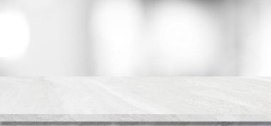 Boş beyaz masa üstü, tezgah, masa arkaplanı soyut bokeh ışığı arkaplanı, beyaz mermer taş masa, raf ve yiyecek için bulanık beyaz arkaplan, ürün gösterim modeli, şablon