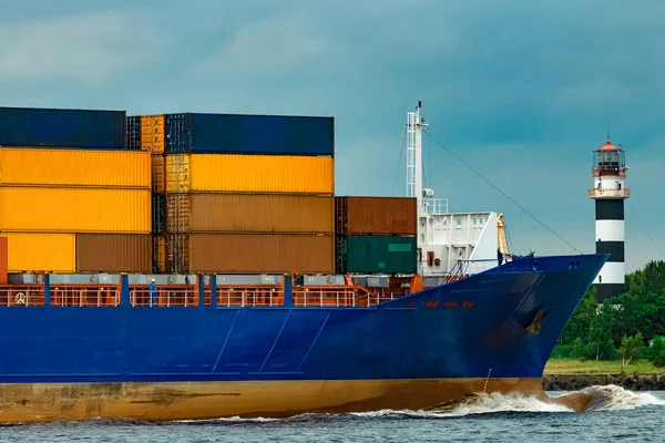 Blue Container Ship Fully Loaded Moving Sea — Stock Photo, Image