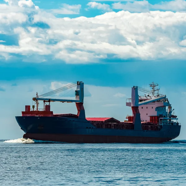 Merchandise Import Large Blue Cargo Ship Moving Riga Port — Stock Photo, Image