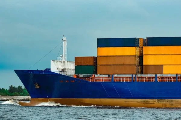 Blue Container Ship Fully Loaded Moving Sea — Stock Photo, Image