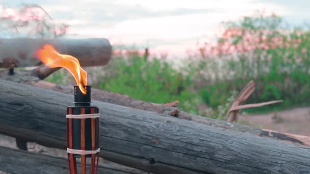 Antorcha de bambú ardiendo en la playa — Vídeos de Stock