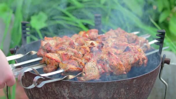 Νόστιμο μπάρμπεκιου Kebab Μαγειρική στο γκριλ — Αρχείο Βίντεο