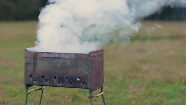 Veel rook komt van een Barbecue Brazilier — Stockvideo